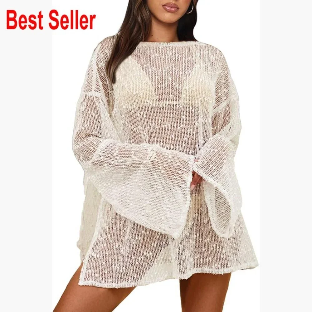 Crochet Swimsuit Coverup Boat Neck Long Sleeve Beach Caftan Dress